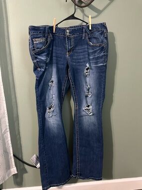 Amethyst Jeans Distressed Flare Jeans - Dark Blue